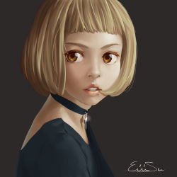 Rule 34 | 1girl, artist name, black background, black shirt, bob cut, brown eyes, brown hair, choker, commentary request, cross, eiri su, from side, glint, looking at viewer, original, parted lips, photo-referenced, shirt, short hair, signature, simple background, solo, upper body