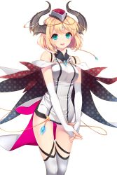 Rule 34 | 1girl, aqua eyes, bare shoulders, blonde hair, breasts, dress, fingerless gloves, gloves, gluteal fold, hat, highres, horns, looking at viewer, medium breasts, open mouth, own hands together, patricia (soccer spirits), pointy ears, shirahane nao, short hair, soccer spirits, solo, thighhighs, transparent background, white dress, white gloves, white thighhighs