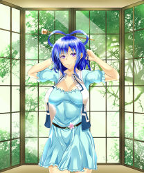 Rule 34 | 1girl, arms behind head, arms up, blue eyes, blue hair, blush, breasts, dress, hair ornament, hair rings, hair stick, highres, kaku seiga, large breasts, looking at viewer, matching hair/eyes, short hair, smile, solo, takamichis211, touhou, vest