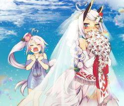 Rule 34 | 2girls, ahoge, alternate hairstyle, azur lane, bare shoulders, blue eyes, blush, bouquet, braid, bridal veil, closed eyes, commentary, covering own mouth, crying, dress, elbow gloves, facial mark, flower, gloves, hair flower, hair ornament, headgear, heart, heart ahoge, heterochromia, highres, indianapolis (azur lane), light purple hair, long braid, long hair, multiple girls, nmz (namazu), open mouth, ponytail, portland (azur lane), side ponytail, silver hair, tears, veil, wavy mouth, wedding, wedding dress, white gloves, yellow eyes