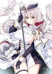 Rule 34 | 1girl, aiguillette, aquila (azur lane), ascot, azur lane, between thighs, black dress, black gloves, blush, breasts, cape, closed mouth, commentary, cowboy shot, dress, epaulettes, floating hair, gloves, green cape, green eyes, hair between eyes, hammer, hat, highres, holding, holding hammer, large breasts, long hair, long sleeves, looking at viewer, low-tied long hair, low twintails, sideboob, sidelocks, silver hair, simple background, smile, solo, standing, t@ke-g, thigh strap, twintails, two-tone cape, two-tone dress, very long hair, war hammer, weapon, white ascot, white background, white cape, white dress, white hat