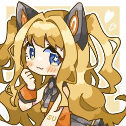 Rule 34 | 1girl, :3, animal ears, blonde hair, blue eyes, blush, border, bright pupils, cat ears, closed mouth, commentary, hand up, heart, highres, long hair, looking at viewer, lupin strawberry, mechanical ears, orange shirt, outline, outside border, seeu, shirt, solo, star-shaped pupils, star (symbol), symbol-shaped pupils, two side up, upper body, vocaloid, white border, white outline, white pupils, wrist cuffs