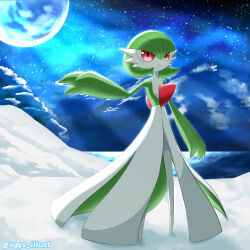 Rule 34 | 1girl, arm at side, artist name, backlighting, blue sky, bob cut, closed mouth, cloud, collaboration, colored skin, creatures (company), expressionless, female focus, flat chest, full body, full moon, game freak, gardevoir, gen 3 pokemon, green hair, green skin, hair between eyes, hama sou, hand up, highres, looking afar, moon, moonlight, multicolored skin, night, nintendo, outdoors, pokemon, pokemon (creature), red eyes, shigeyasu., short hair, signature, sky, snow, solo, standing, star (sky), starry sky, topaz (topaaaaaaaaz), twitter username, two-tone skin, white skin