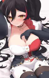 Rule 34 | 1girl, absurdres, black hair, blush, breasts, card, choker, cleavage, cross-laced clothes, cross-laced dress, gloved sleeves, hair between eyes, hair ornament, highres, hololive, hololive gamers, lace, lace choker, large breasts, looking at viewer, multicolored hair, ookami mio, ookami mio (wonderland), pantyhose, playing card, queen (playing card), queen of hearts (playing card), red hair, shorts, sitting, solo, spread cleavage, streaked hair, sweat, twintails, virtual youtuber, xiaodong327399, yellow eyes