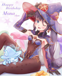 Rule 34 | 1girl, ;d, ;p, adjusting clothes, adjusting headwear, armpits, black gloves, black hair, black pantyhose, blue eyes, box, breasts, cape, character name, chibi, choker, cleavage, commentary request, detached sleeves, earrings, english text, genshin impact, gift, gift box, gloves, hair between eyes, hair ornament, happy birthday, hat, jewelry, leotard, long hair, looking at viewer, mona (genshin impact), nanamo yado, one eye closed, open mouth, pantyhose, sidelocks, sitting, smile, solo, strapless, strapless leotard, tongue, tongue out, twintails, witch hat