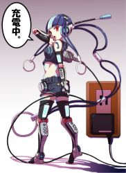 Rule 34 | 1girl, blue hair, breasts, cable, cellphone, cellphone charm, cellphone strap, charging device, charm (object), crop top, elbow gloves, gloves, hair ornament, highres, joints, original, personification, phone, power supply, red eyes, robot ears, robot joints, short hair, shorts, solo, speech bubble, tattoo, thighhighs, translation request, you (maumauyo)