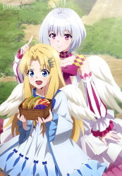 Rule 34 | 2girls, absurdres, angel wings, antenna hair, bare shoulders, blonde hair, blue eyes, blush, bow, breasts, closed mouth, day, detached sleeves, dress, feathered wings, filo (tate no yuusha no nariagari), fitoria (tate no yuusha no nariagari), food, highres, layered dress, long hair, megami magazine, multiple girls, open mouth, purple eyes, short hair, silver hair, small breasts, smile, tate no yuusha no nariagari, very long hair, white dress, white wings, wings