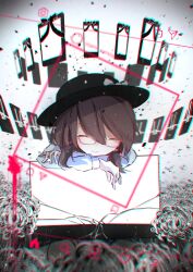 Rule 34 | 1girl, arawara, black hat, bow, brown hair, clip studio paint (medium), closed mouth, commentary, facing viewer, flower, hat, hat bow, highres, long sleeves, low twintails, red-framed eyewear, smile, solo, touhou, twintails, usami sumireko, white bow