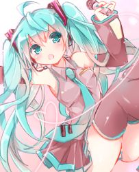 Rule 34 | 1girl, aqua eyes, aqua hair, aqua nails, aqua necktie, bad id, bad twitter id, bare shoulders, black skirt, black sleeves, black thighhighs, blush, cable, commentary, detached sleeves, expressionless, grey shirt, hair ornament, hands up, hatsune miku, headphones, headset, heart, highres, holding, holding microphone, legs up, long hair, microphone, nail polish, necktie, open mouth, panties, pantyshot, pink background, shirt, skirt, sleeveless, sleeveless shirt, solo, striped clothes, striped panties, thighhighs, twintails, underwear, very long hair, vocaloid, yomigi