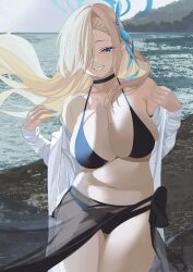 Rule 34 | 1girl, absurdres, alternate costume, asuna (blue archive), asymmetrical bangs, beach, bikini, black bikini, black choker, black sarong, blonde hair, blue archive, blush, breasts, choker, cleavage, collarbone, commentary, curvy, floating hair, grin, hair over one eye, halo, highres, huge breasts, looking at viewer, mole, mole on breast, navel, one eye covered, outdoors, sarong, shirt, smile, solo, swimsuit, tnr (horiko1525), white shirt