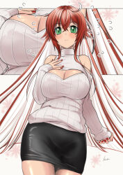 Rule 34 | 1girl, alternate costume, bare shoulders, black skirt, breasts, cleavage, cleavage cutout, clothing cutout, colored inner hair, green eyes, guilty gear, guilty gear strive, hair between eyes, highres, jack-o&#039; valentine, kusu (moo1225), large breasts, long hair, long sleeves, looking at viewer, mature female, meme attire, multicolored hair, off-shoulder sweater, off shoulder, open-chest sweater, red hair, red nails, ribbed sweater, skirt, sweater, turtleneck, turtleneck sweater, very long hair, white hair, white sweater