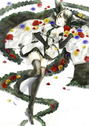 Rule 34 | 1girl, bare shoulders, black thighhighs, detached sleeves, female focus, flower, full body, green eyes, green hair, kunimura hakushi, lying, matching hair/eyes, on back, original, plant, red flower, red rose, rose, solo, thighhighs, white background