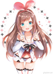 Rule 34 | 1girl, :d, blush, bow, brown hair, detached sleeves, double w, green eyes, hair bow, hairband, hands up, highres, kizuna ai, kizuna ai inc., leaning forward, long hair, looking at viewer, open mouth, pink bow, short shorts, shorts, sibyl, sleeveless, smile, solo, standing, thigh gap, thighhighs, twitter username, vest, virtual youtuber, w, weibo watermark, white background, white thighhighs, white vest