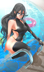 Rule 34 | 1girl, asymmetrical clothes, black hair, blue eyes, breasts, character request, commentary request, eyelashes, highres, large breasts, long hair, looking at viewer, original, pool, pool ladder, poolside, prosthesis, prosthetic arm, shindol, sideboob, solo, swimsuit, thighhighs, thighs, very long hair