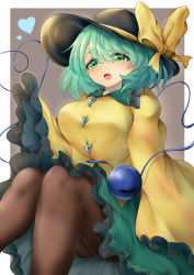 Rule 34 | 1girl, :d, absurdres, ass, black hat, black pantyhose, blush, bow, breasts, feet out of frame, frilled shirt collar, frilled sleeves, frills, green eyes, green hair, green skirt, hair between eyes, hat, heart, heart of string, highres, komeiji koishi, long sleeves, open mouth, pantyhose, poke200, ribbon, shirt, short hair, simple background, skirt, sleeves past fingers, sleeves past wrists, smile, solo, third eye, touhou, wide sleeves, yellow bow, yellow shirt