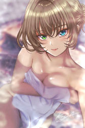 Rule 34 | 1girl, blue eyes, blurry, blurry background, breasts, cleavage, collarbone, completely nude, covering privates, covering breasts, depth of field, dutch angle, folded ponytail, green eyes, heterochromia, highres, idolmaster, idolmaster cinderella girls, koya (koya x 00), light smile, looking at viewer, mole, mole under eye, naked towel, nude, outdoors, parted lips, signature, solo, takagaki kaede, towel