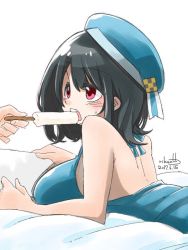 Rule 34 | 1girl, 2017, back, backless outfit, bare arms, bare back, bare shoulders, bed sheet, beret, black hair, blue hat, blush, breasts, dated, eyebrows, feeding, food, hair between eyes, hat, holding, holding paper, kantai collection, large breasts, long hair, lying, on stomach, open mouth, paper, pink eyes, popsicle, rikuo (whace), signature, simple background, solo focus, sweat, takao (kancolle), teeth, white background