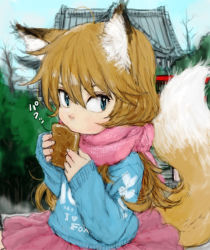 Rule 34 | 1girl, aburaage, animal ears, architecture, blue eyes, brown hair, building, east asian architecture, eating, food, fox ears, fox tail, long hair, original, ponsuke (pon00000), scarf, sketch, skirt, sleeves past wrists, solo, sweater, tail