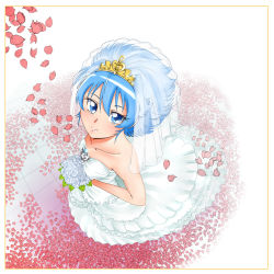 Rule 34 | 10s, 1girl, blue eyes, blue hair, blush, bouquet, bridal veil, dress, eyelashes, flower, from above, gradient background, happy, jewelry, looking at viewer, looking up, matching hair/eyes, nikukyuu-man, nishijima waon, petals, precure, rose, rose petals, short hair, smile, solo, spiked hair, standing, suite precure, tile floor, tiles, veil, wedding, wedding dress, white dress, white flower, white rose