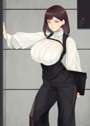 Rule 34 | 1girl, black pants, bra visible through clothes, breasts, brown hair, center frills, chest strap, elevator door, frills, hand on wall, highres, large breasts, mature female, medium hair, mole, mole under eye, office lady, original, pants, see-through, shirt, sign, standing, white shirt, wide sleeves, yellow eyes, zcune