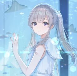Rule 34 | 1girl, absurdres, aquarium, bare arms, blue dress, breasts, commentary request, dress, fish, grey hair, highres, idolmaster, idolmaster shiny colors, looking at viewer, looking to the side, mochitsuki usa, ponytail, purple eyes, sidelocks, sleeveless, sleeveless dress, small breasts, twintails, upper body, yukoku kiriko