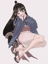 Rule 34 | 1girl, ace attorney, black hair, blue jacket, blunt bangs, blush, borrowed clothes, full body, grey background, hair ornament, hands on own face, highres, jacket, japanese clothes, kimono, legs together, long hair, long sleeves, looking at viewer, lying, maya fey, obi, omen hohoho, parted bangs, pink sash, sash, short kimono, sidelocks, simple background, smile, solo, white kimono