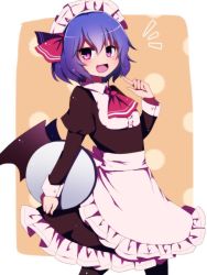 Rule 34 | 1girl, alternate costume, apron, ascot, bad id, bad twitter id, bat wings, black dress, black pantyhose, blue hair, blush, commentary request, dress, enmaided, fang, flat chest, frilled apron, frilled dress, frills, gradient hair, hair between eyes, hand up, jpeg artifacts, looking at viewer, maid, maid apron, maid headdress, multicolored hair, open mouth, pantyhose, pink eyes, pointing, pointing at self, purple eyes, remilia scarlet, short hair, solo, touhou, waist apron, wings, you (noanoamoemoe)