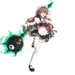Rule 34 | 1girl, alternate costume, apron, arm behind back, black dress, black footwear, blush, breasts, brown hair, commentary request, copyright request, dress, enmaided, frills, full body, gloves, hair between eyes, hair ornament, hair ribbon, highres, holding, holding weapon, ling huanxiang, long hair, looking at viewer, mace, maid, maid apron, maid headdress, medium breasts, pink ribbon, puffy short sleeves, puffy sleeves, ribbon, shoes, short sleeves, simple background, smile, solo, teeth, thighhighs, upper teeth only, waist apron, weapon, white apron, white background, white gloves, white thighhighs, yellow eyes