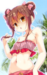 Rule 34 | 1girl, bandeau, bow, brown eyes, brown hair, cafe-chan to break time, cafe (cafe-chan to break time), coffee bean hair ornament, commentary request, double bun, flat chest, glaring, hair between eyes, hair bow, hair bun, holding, holding hair, looking at viewer, looking down, midriff, navel, palm tree, pink hair, porurin (do-desho), shaded face, sidelocks, solo, swimsuit, tree