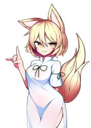 Rule 34 | 1girl, :3, absurdres, animal ears, blonde hair, bright pupils, cowboy shot, finger touching, fox ears, fox tail, hair between eyes, hh, highres, jumpsuit, kudamaki tsukasa, looking at viewer, navel, onesie, short hair, short sleeves, simple background, smile, solo, standing, tail, touhou, white background, white jumpsuit, white pupils, yellow eyes