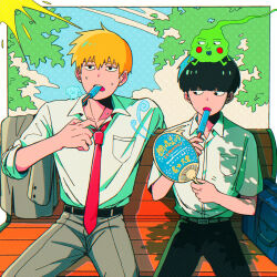 Rule 34 | 2boys, bag, bench, black eyes, black hair, black pants, blonde hair, cm wm, collared shirt, commentary request, day, ekubo (mob psycho 100), food, food in mouth, hand fan, highres, holding, holding food, hot, kageyama shigeo, male focus, mob psycho 100, multiple boys, necktie, on bench, open mouth, outdoors, pants, popsicle, popsicle in mouth, red necktie, reigen arataka, school bag, shirt, short hair, sitting, spirit, white shirt