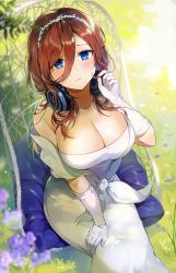 Rule 34 | 1girl, bare shoulders, blue eyes, blurry, blush, breasts, brown hair, chair, cleavage, closed mouth, collarbone, depth of field, dress, flower, from above, gijang, gloves, go-toubun no hanayome, grass, hair between eyes, hairband, hand up, headphones, headphones around neck, highres, large breasts, lens flare, long hair, looking at viewer, nakano miku, pillow, purple flower, sitting, sleeveless, sleeveless dress, solo, strapless, strapless dress, wedding dress, white dress, white gloves