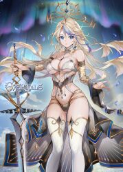 Rule 34 | 1girl, artist request, aurora, bare shoulders, blonde hair, blue eyes, breasts, cleavage, commentary request, copyright name, covered navel, crown, evertale, floating, floating object, gold trim, highres, holding, king arthur (evertale), large breasts, leotard, logo, long hair, looking at viewer, multicolored hair, night, night sky, official art, overskirt, parted lips, petals, purple hair, simple background, sky, sleeveless, star (sky), starry sky, sword, thighhighs, thighs, weapon, wide sleeves