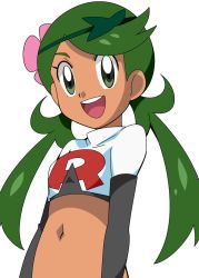 Rule 34 | 1girl, alternate costume, cosplay, creatures (company), dark skin, elbow gloves, flower, flower on head, game freak, gloves, green eyes, green hair, hainchu, hair flower, hair ornament, hand on own hip, mallow (pokemon), midriff, navel, nintendo, pokemon, pokemon (anime), pokemon sm, pokemon sm (anime), team rocket, team rocket (cosplay), twintails