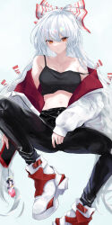 Rule 34 | 1girl, absurdres, alternate costume, bare shoulders, black pants, bow, cellphone, charm (object), closed mouth, collarbone, commentary request, crop top, fujiwara no mokou, full body, hair between eyes, hair bow, high tops, highres, houraisan kaguya, jacket, knee up, long hair, long sleeves, looking at viewer, midriff, navel, off shoulder, pants, phone, red bow, red eyes, red footwear, red jacket, shoes, simple background, smartphone, sneakers, solo, strap slip, tadano1129, touhou, two-sided fabric, two-sided jacket, two-tone bow, very long hair, white background, white bow, white footwear, white hair, white jacket
