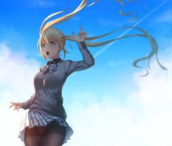 Rule 34 | 1girl, arm up, black pantyhose, blend s, blue eyes, blush, bow, bowtie, breasts, clothes lift, contrail, cowboy shot, day, floating hair, grey sweater, hair between eyes, hinata kaho, long hair, long sleeves, looking away, medium breasts, nose blush, open mouth, panties, panties under pantyhose, pantyhose, pantyshot, pink panties, plaid, plaid bow, plaid bowtie, plaid neckwear, plaid skirt, school uniform, sitting, skirt, skirt lift, solo, standing, sunlight, sweater, tight (ohmygod), twintails, underwear, upskirt, very long hair, white skirt, wind, wind lift, wing collar
