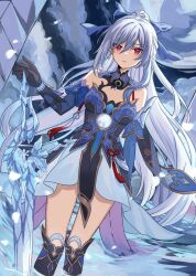Rule 34 | 1girl, bare shoulders, blue dress, commentary request, detached sleeves, dress, gloves, grey hair, honkai: star rail, honkai (series), long hair, looking at viewer, red eyes, solo, standing, sword, ten-chan (eternal s), thighs, very long hair, wading, water, weapon