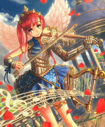 Rule 34 | 1girl, angel wings, armor, ascot, beamed quavers, bespin, blue eyes, blush, bow (music), breastplate, building, bush, crotchet rest, fantasy, flower, frilled skirt, frills, gauntlets, harp, highres, instrument, light particles, long hair, music, musical note, original, pauldrons, petals, playing instrument, quaver, railing, red hair, ribbon, rose, rose petals, shingoku no valhalla gate, shoulder armor, skirt, sky, smile, solo, staff (music), thigh strap, tiara, treble clef, twintails, violin, wings, wrist cuffs