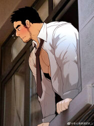 Rule 34 | 1boy, bara, beard stubble, black hair, blush, chest hair, collared shirt, facial hair, flying sweatdrops, highres, large pectorals, looking outside, looking to the side, male focus, muscular, muscular male, necktie, original, partially unbuttoned, pectorals, photo background, r.l (2089184064), salaryman, shirt, short hair, sideburns, solo, stubble, thick eyebrows, upper body