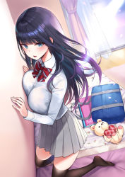 Rule 34 | 1girl, bag, black hair, black thighhighs, blue eyes, blush, bow, bowtie, breasts, character name, commentary request, copyright request, curtains, dutch angle, grey skirt, highres, indoors, kneeling, large breasts, long hair, long sleeves, looking at viewer, miniskirt, mirei, no shoes, parted lips, pleated skirt, red bow, red bowtie, school bag, shirt, skirt, solo, stuffed animal, stuffed toy, teddy bear, textless version, thighhighs, thighs, white shirt, window, zettai ryouiki
