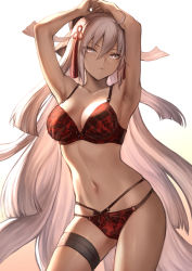 Rule 34 | 1girl, armpits, arms up, bare shoulders, black bow, bow, bra, breasts, cleavage, commentary request, dark-skinned female, dark skin, fate/grand order, fate (series), grey eyes, hair bow, hair ornament, highres, hip focus, koha-ace, large breasts, long hair, looking at viewer, majin saber, mashuu (neko no oyashiro), multi-strapped panties, navel, okita souji (fate), okita souji (koha-ace), okita souji alter (fate), panties, red bra, red panties, silver hair, solo, thigh strap, thighs, underwear, underwear only, very long hair