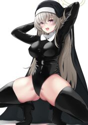Rule 34 | 1girl, arms behind head, arms up, ass, black footwear, black leotard, black veil, blue archive, blush, boots, breasts, grey hair, halo, highres, justina follower (blue archive), large breasts, leotard, long hair, looking at viewer, nun, purple eyes, sakurako (blue archive), simple background, solo, sora (pixiv 32463296), spread legs, squatting, thigh boots, thighs, veil, very long hair, white background