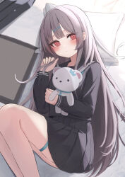 Rule 34 | 1girl, bed sheet, black sailor collar, black serafuku, black shirt, black skirt, blush, closed mouth, commentary request, dot nose, double-parted bangs, expressionless, feet out of frame, from above, grey hair, hair ornament, hairclip, highres, holding, holding hair, long hair, long sleeves, looking at viewer, lying, on side, original, pillow, pink eyes, pleated skirt, sailor collar, school uniform, serafuku, shirt, skirt, solo, stuffed animal, stuffed toy, tanshio, teddy bear, thigh strap, very long hair