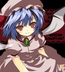 Rule 34 | 1girl, :3, blue hair, english text, eyebrows, female focus, frilled shirt collar, frills, hat, lowres, mob cap, puffy short sleeves, puffy sleeves, red eyes, remilia scarlet, shirt, sho (aura), sho (runatic moon), short hair, short sleeves, skirt, slit pupils, smile, solo, touhou, wings