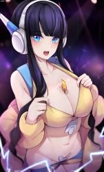 Rule 34 | 1girl, between breasts, black hair, blue eyes, blue shorts, blunt bangs, blush, breasts, cleavage, clothes pull, coat, collarbone, creatures (company), crop top, ddangbi, duplicate, electricity, elesa (pokemon), fur coat, game freak, groin, headphones, highres, large breasts, long hair, low twintails, navel, nintendo, off shoulder, open mouth, pants, pants pull, pokemon, pokemon bw2, shirt pull, shorts, sleeveless, solo, stomach, teeth, twintails, two-tone shorts, upper teeth only, yellow coat, yellow crop top, yellow shorts