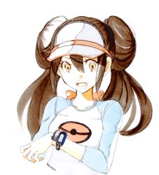 Rule 34 | 1girl, breasts, brown hair, canari, commentary request, creatures (company), double bun, game freak, hair bun, long hair, looking at viewer, nintendo, open mouth, pokemon, pokemon bw2, raglan sleeves, rosa (pokemon), simple background, solo, upper body, visor, visor cap