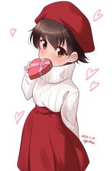 Rule 34 | 1girl, artist name, blush, brown eyes, brown hair, cable knit, covered mouth, dated, girls und panzer, hat, high-waist skirt, highres, kuzuryuu kennosuke, long sleeves, looking at viewer, nakajima (girls und panzer), red hat, red skirt, shiny skin, short hair, simple background, skirt, solo, sweater, turtleneck, turtleneck sweater, valentine, white background, white sweater