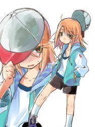 Rule 34 | 1girl, aqua eyes, aqua jacket, ball, baseball cap, black shorts, blush, collarbone, commentary request, downblouse, embarrassed, flat chest, frown, hair over one eye, hand on headwear, hand up, hands in pockets, hat, hat ornament, hat tip, hatching (texture), hood, hood down, hoodie, idolmaster, idolmaster cinderella girls, isshitaira, jacket, linear hatching, looking at viewer, looking away, medium hair, messy hair, multicolored eyes, multiple views, open clothes, open jacket, open mouth, orange eyes, orange hair, shirt, shoes, shorts, simple background, sketch, sneakers, soccer ball, standing, standing on one leg, sweatdrop, swept bangs, t-shirt, unworn hat, unworn headwear, wavy mouth, white background, white legwear, white shirt, yuuki haru