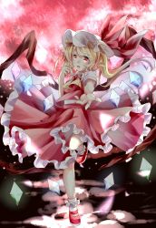 Rule 34 | 1girl, :d, absurdres, ascot, backlighting, blonde hair, bobby socks, crystal, finger to mouth, flandre scarlet, foreshortening, frilled skirt, frills, full body, full moon, hat, hat ribbon, highres, looking at viewer, mary janes, mob cap, moon, open mouth, puffy short sleeves, puffy sleeves, reaching, reaching towards viewer, red eyes, red footwear, red moon, red ribbon, ribbon, shoes, short sleeves, side ponytail, skirt, skirt set, smile, socks, solo, standing, standing on one leg, touhou, white socks, wings, yilocity