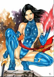 Rule 34 | 1girl, adapted costume, artist request, ass, black hair, blue leotard, breasts, curvy, energy blade, full body, glowing, glowing hand, highleg, highleg leotard, highres, holding, holding sword, holding weapon, katana, large breasts, leotard, lips, long hair, looking at viewer, marvel, psylocke, red sash, sash, shiny skin, skindentation, smile, solo, squatting, sword, thong leotard, very long hair, weapon, wide hips, x-men